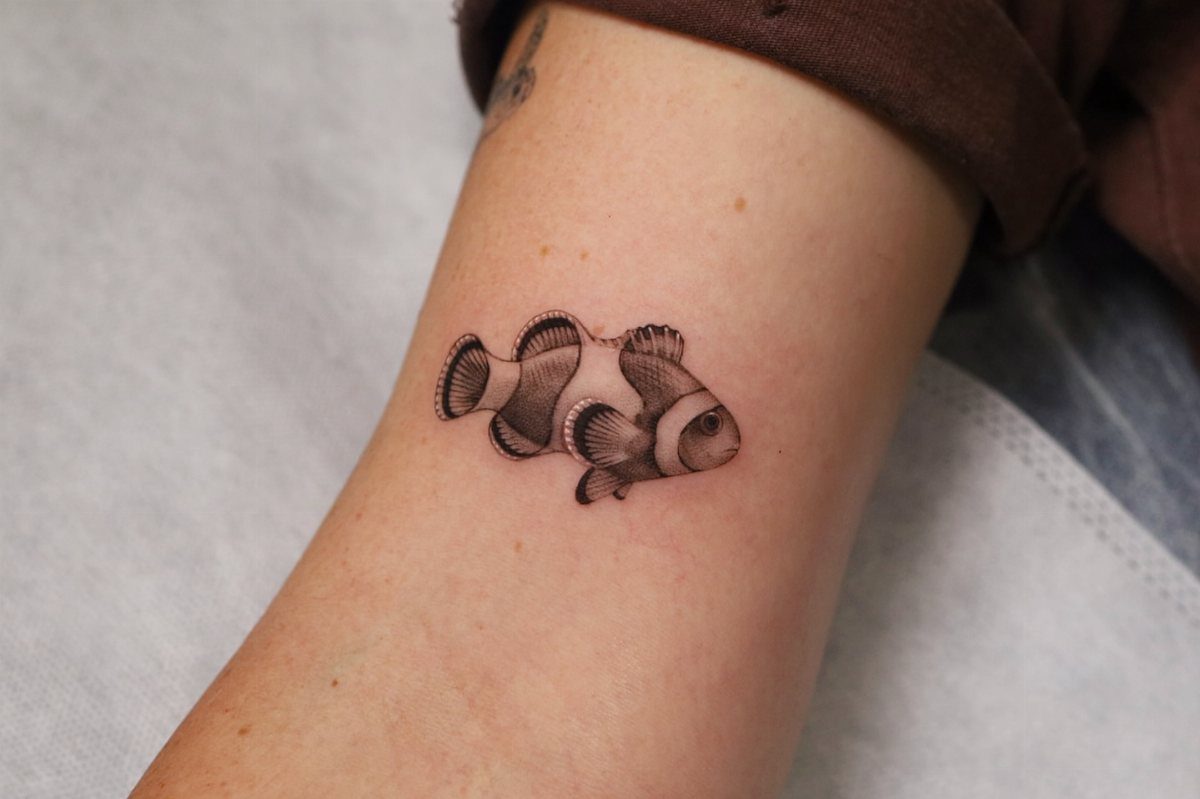 Clown fish tattoo with black and grey shading on a person's forearm.