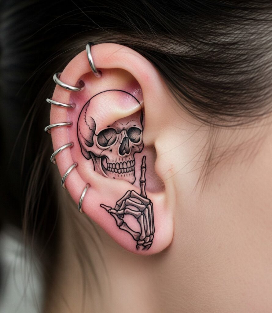 Skull and skeletal hand tattoo on a human ear with silver hoop piercings
