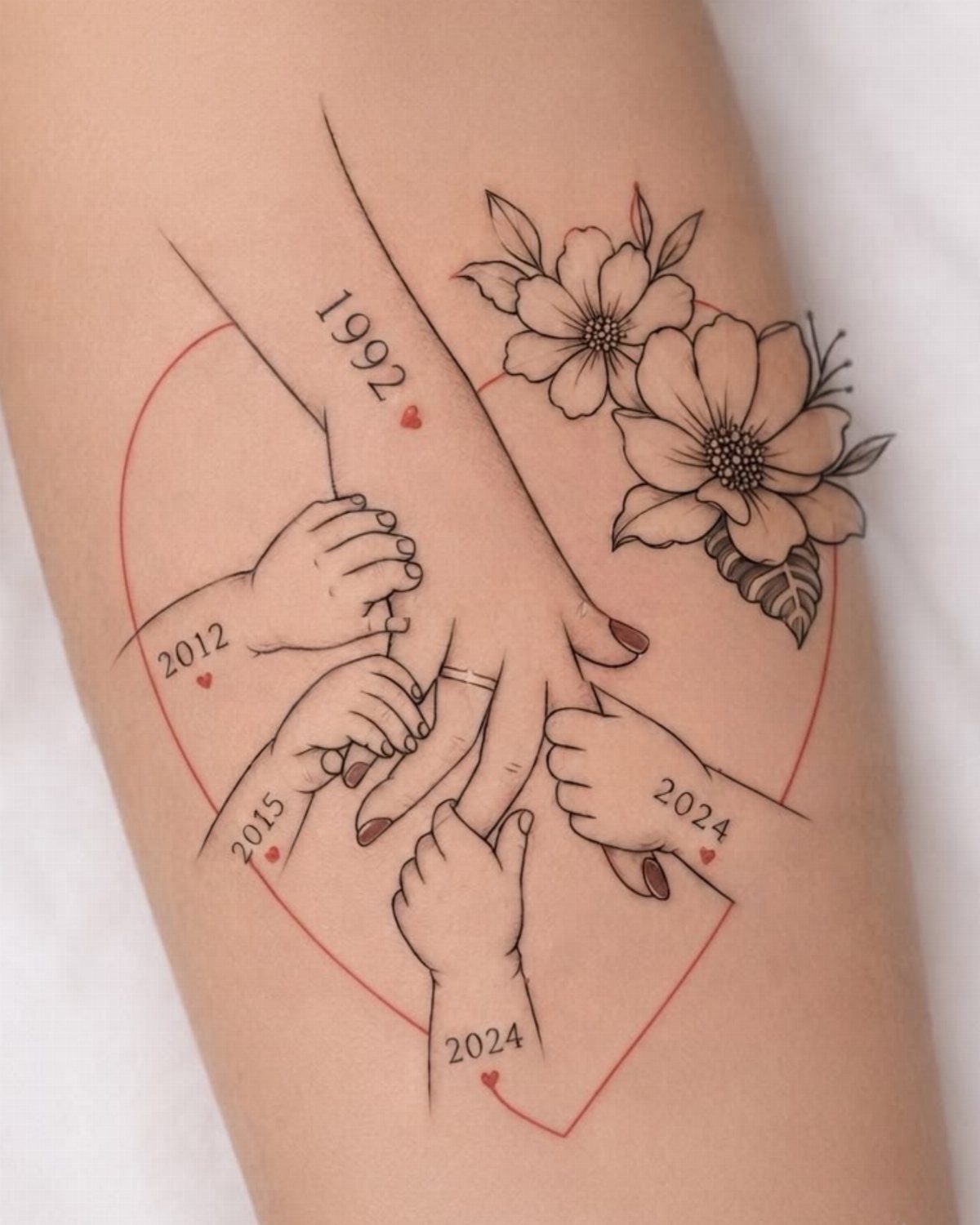Tattoo of an adult hand holding children's hands inside a red heart outline.