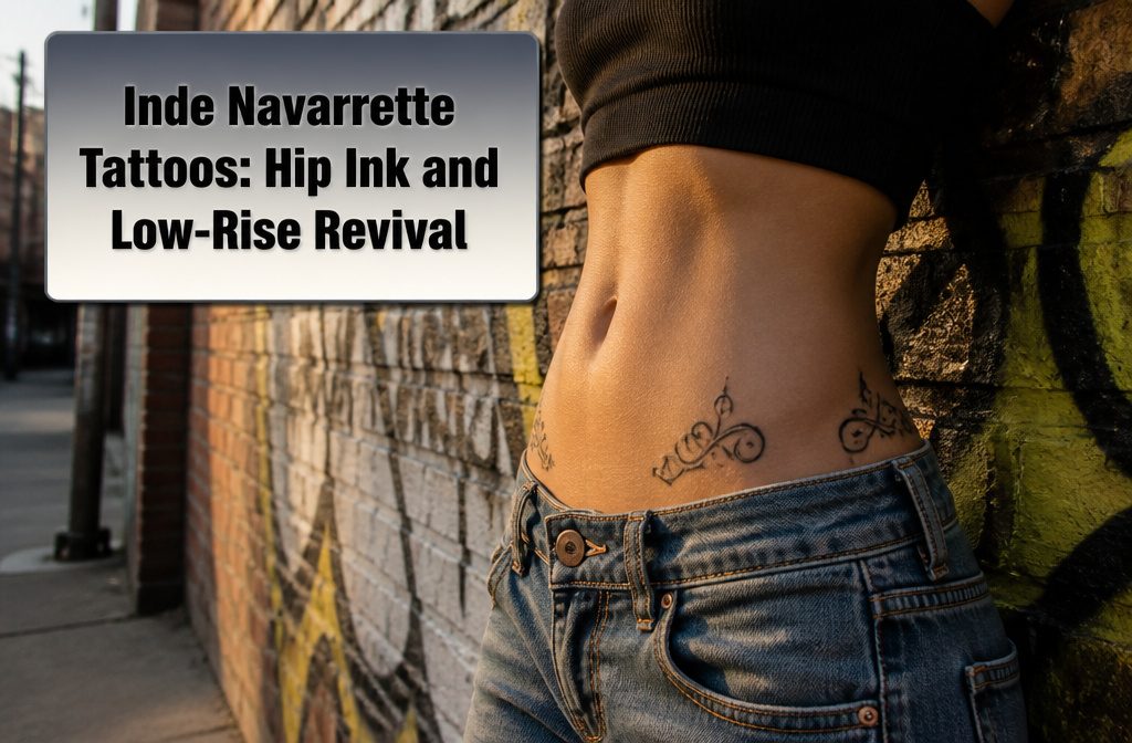Inde Navarrette poses in low-rise jeans, displaying her hip tattoos.