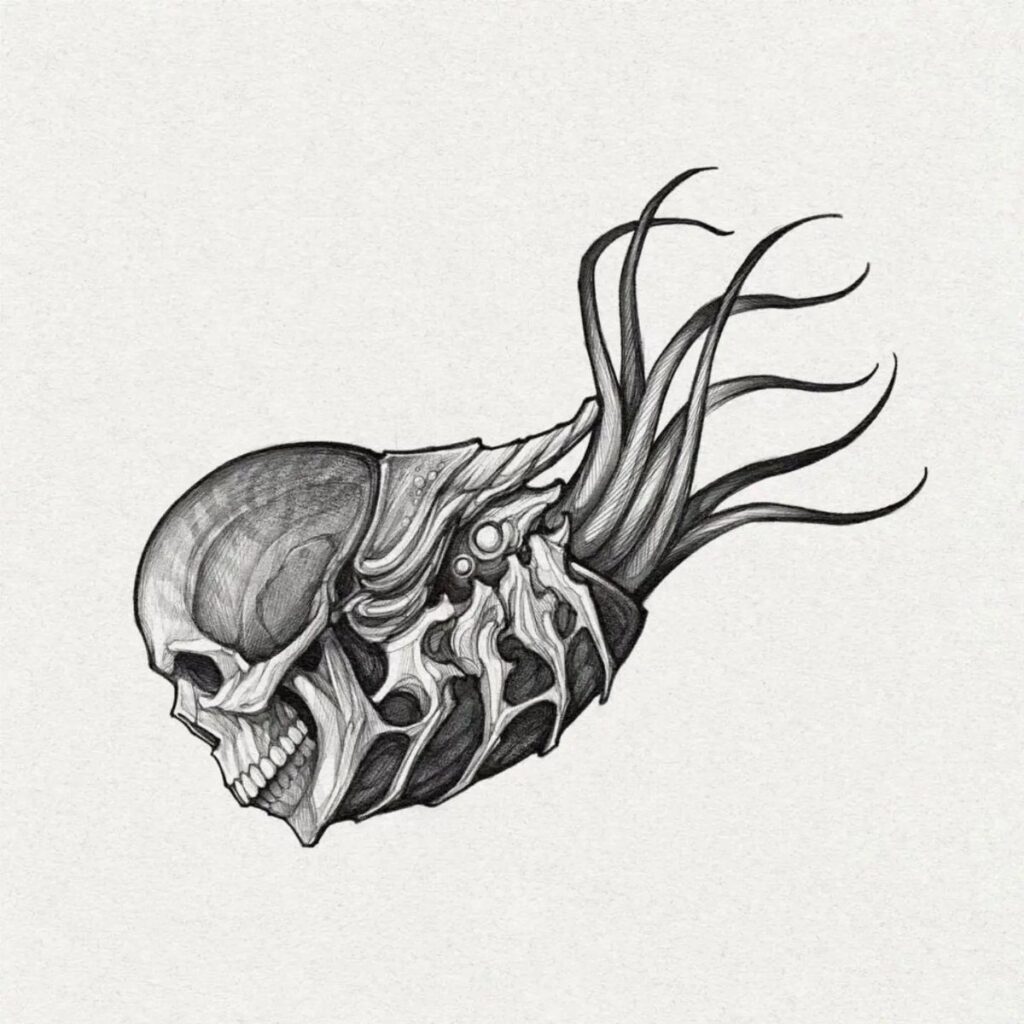 Biomechanical skull drawing with metallic structures and long curved tendrils on white background
