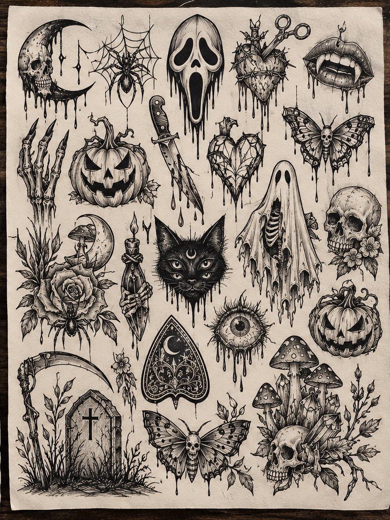 Halloween tattoo flash sheet with pumpkins, skulls, ghosts, and gothic imagery in black ink.