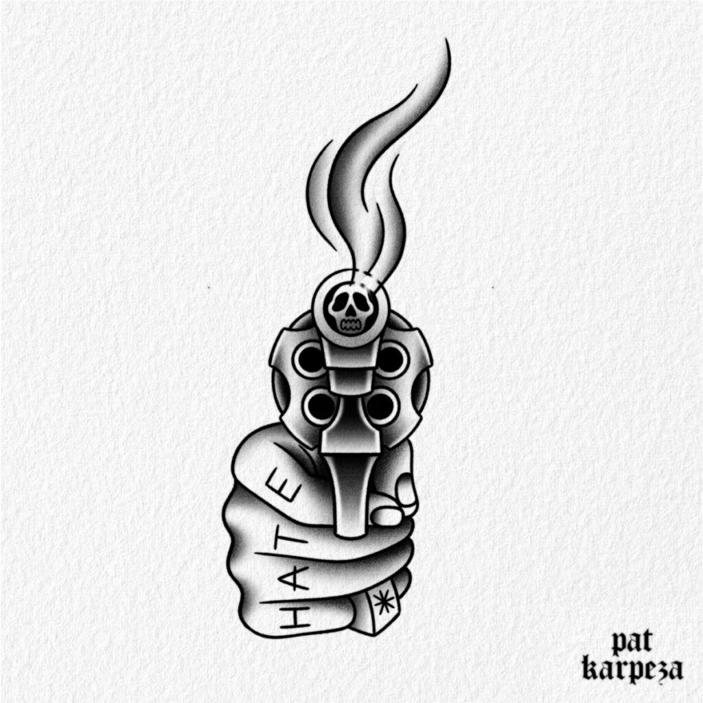 Tattoo design of a hand holding a revolver with a skull and smoke.